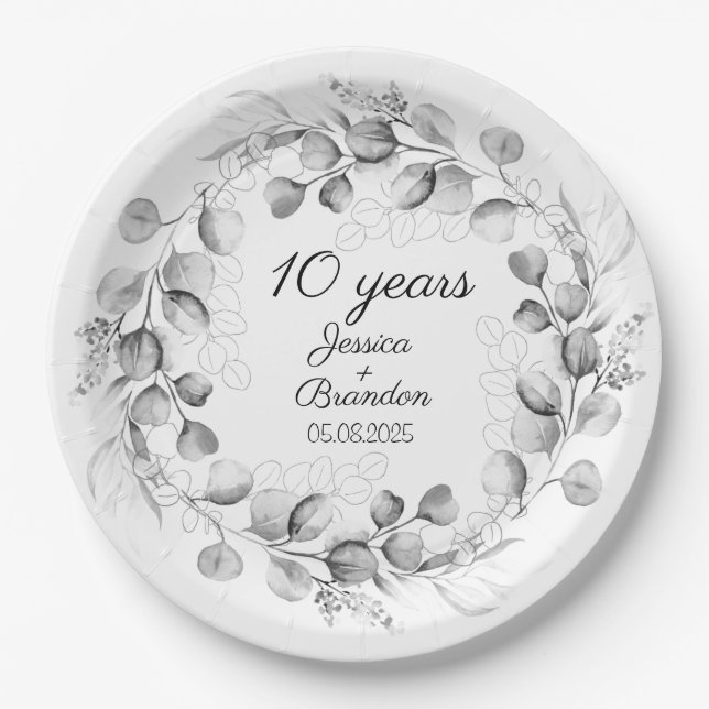 Assiettes En Carton 10e anniversaire de Mariage d'Eucalyptus (Devant)