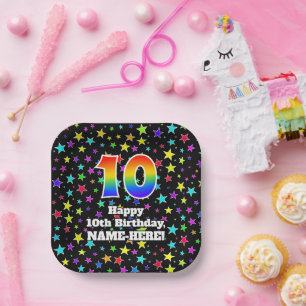 Assiettes En Carton 10e anniversaire : Fun Stars Motif et Rainbow "10"
