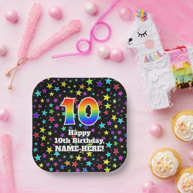 Assiettes En Carton 10e anniversaire : Fun Stars Motif et Rainbow "10" (Fête)