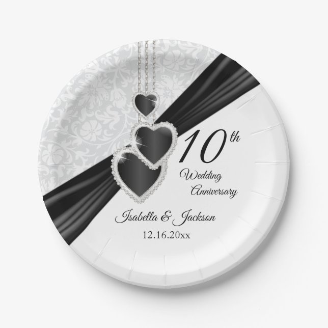 Assiettes En Carton 10e Damas blanc avec accents noirs (Devant)