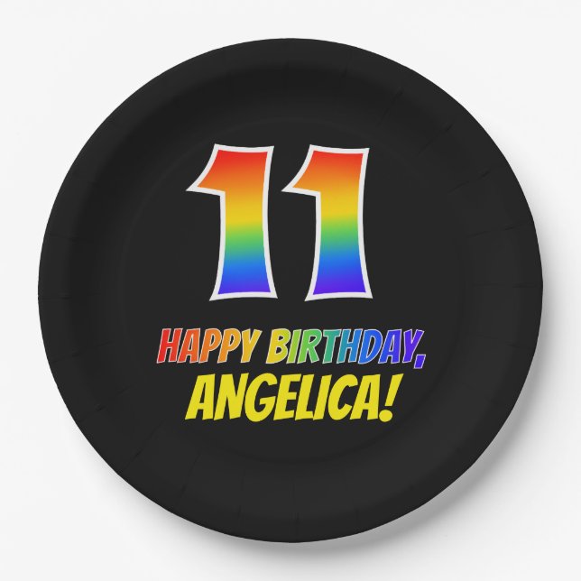 Assiettes En Carton 11e anniversaire : Bold, amusant, simple, arc-en-c (Devant)