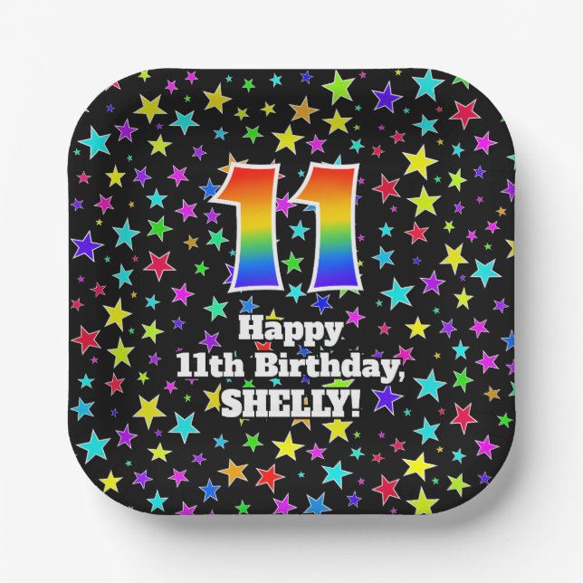 Assiettes En Carton 11e anniversaire : Fun Stars Motif et Rainbow "11" (Recto)