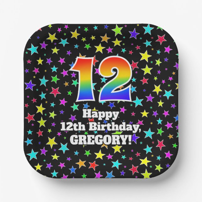 Assiettes En Carton 12e anniversaire : Fun Stars Motif et Rainbow "12" (Recto)