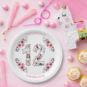 Assiettes En Carton 12e anniversaire Photo Collage Fille Rose Fleur Bl