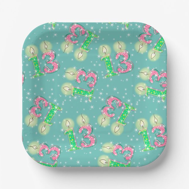 Assiettes En Carton 13e anniversaire vert et rose (Recto)