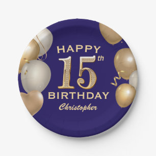 Assiettes En Carton 15e anniversaire de la fête Marine Bleu et Ballons