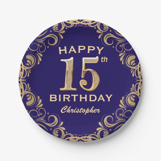 Assiettes En Carton 15e anniversaire Parties scintillant marine bleu e (Devant)