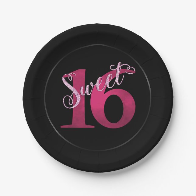 Assiettes En Carton 16 ans | Aquarelle rose et Faux Parties scintillan (Devant)