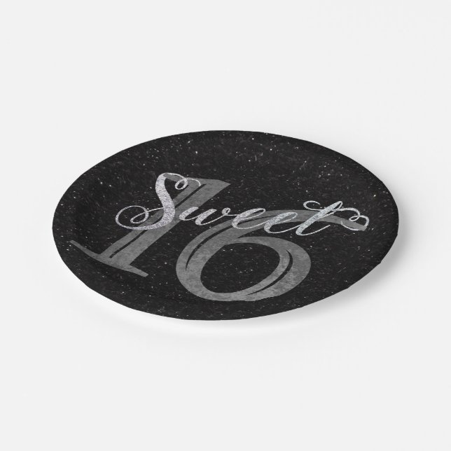 Assiettes En Carton 16 ans | Gris Gris et Parties scintillant d'argent (Angle)