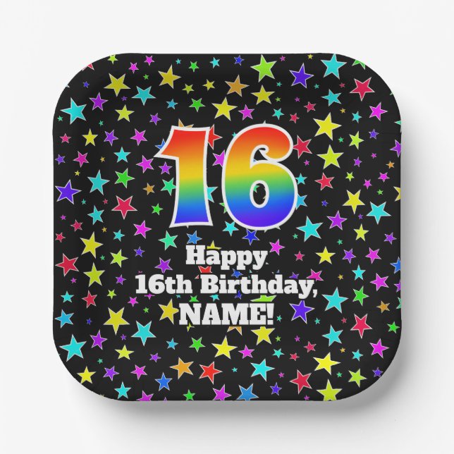 Assiettes En Carton 16e anniversaire : Fun Stars Motif et Rainbow "16" (Recto)