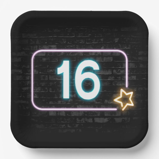 Assiettes En Carton 16e anniversaire Neon Connexion en brique (Recto)