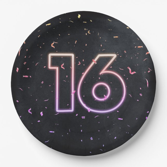 Assiettes En Carton 16e anniversaire Neon Connexion Plaque en papier n (Devant)