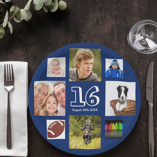 Assiettes En Carton 16e anniversaire photo collage marine bleu garçon (Créateur téléchargé)