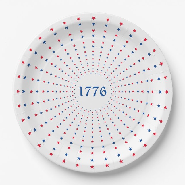 Assiettes En Carton 1776 rouge blanc bleu étoiles feux d'artifice patr (Devant)
