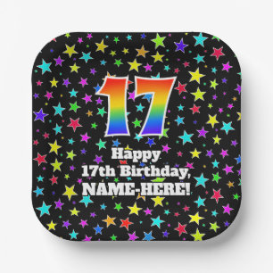 Assiettes En Carton 17ème anniversaire : Fun Stars Motif et Rainbow "1