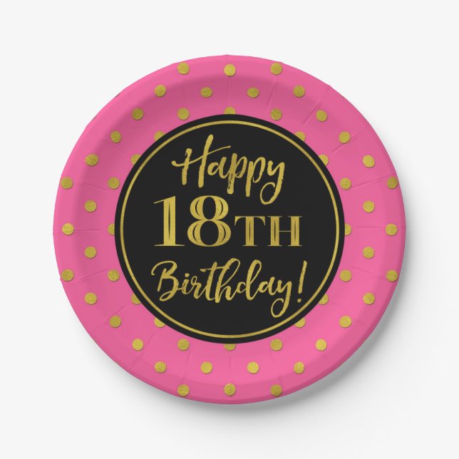 Assiettes En Carton 18e anniversaire de la fête Pink Black Gold Dots (Devant)