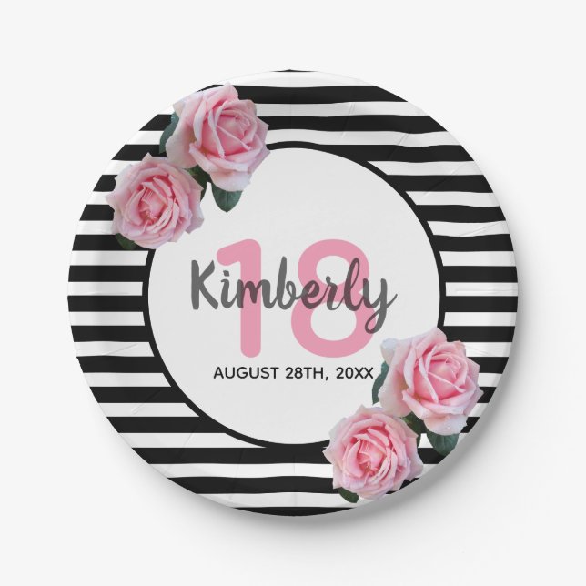 Assiettes En Carton 18e anniversaire noir rayures florales roses (Devant)