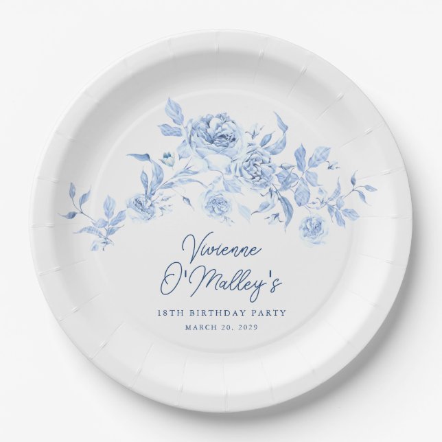 Assiettes En Carton 18e anniversaire Rose bleu Floral Custom (Devant)