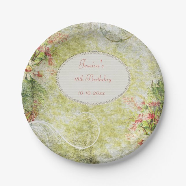 Assiettes En Carton 18ème anniversaire et fleurs sauvages de bonbon (Devant)