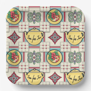 Assiettes En Carton 1940 Motif de cuisine avec théières jaunes