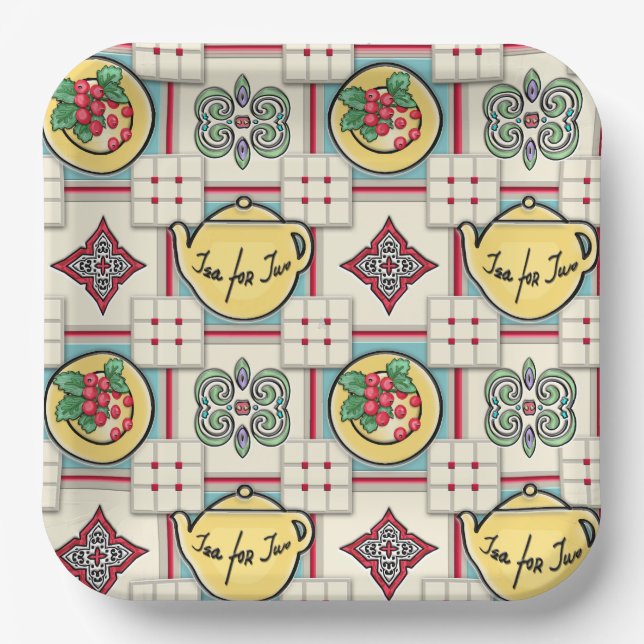 Assiettes En Carton 1940 Motif de cuisine avec théières jaunes (Recto)