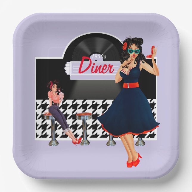 Assiettes En Carton 1950 Diner lavender noir & blanc à damiers (Recto)