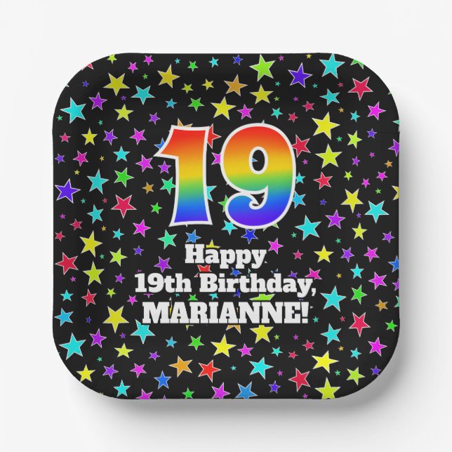 Assiettes En Carton 19e anniversaire : Fun Stars Motif et Rainbow "19" (Recto)