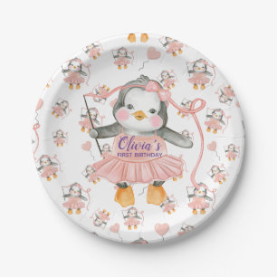 Assiettes En Carton 1er anniversaire Ballerina Penguin rose