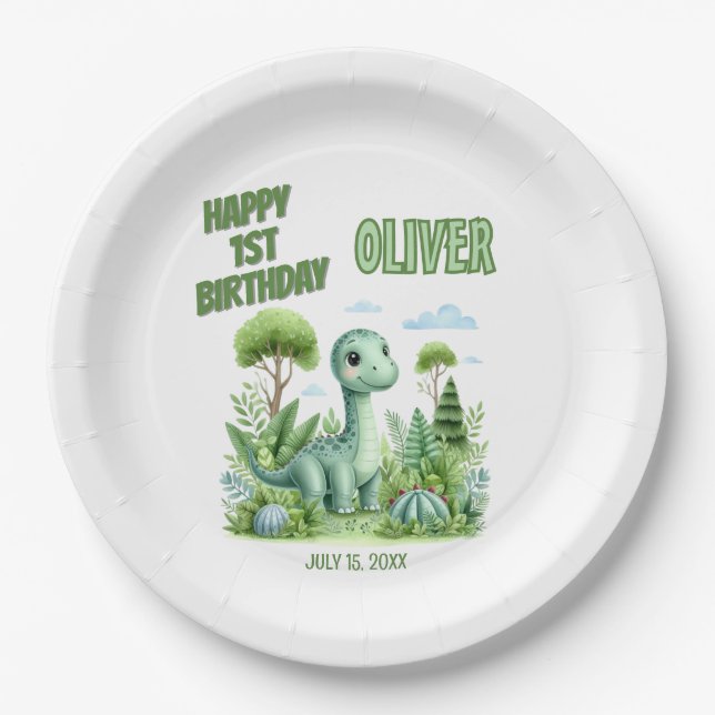 Assiettes En Carton 1er anniversaire de bébé dinosaure (Devant)