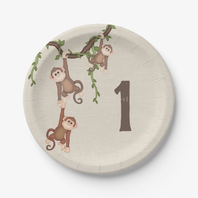 Assiettes En Carton 1er Anniversaire des singes à pendre (Devant)