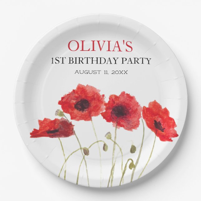 Assiettes En Carton 1er Anniversaire Fête Poppies Bébé Fille (Devant)