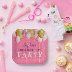 Assiettes En Carton 1er Anniversaire Fille Rose & Ballon Anniversaire