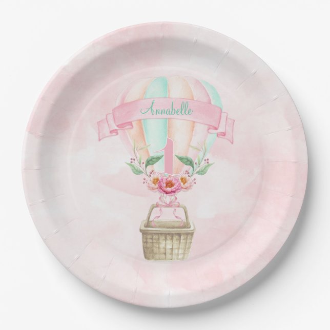 Assiettes En Carton 1er anniversaire Hot Air Balloon Mint Peach Pink (Devant)