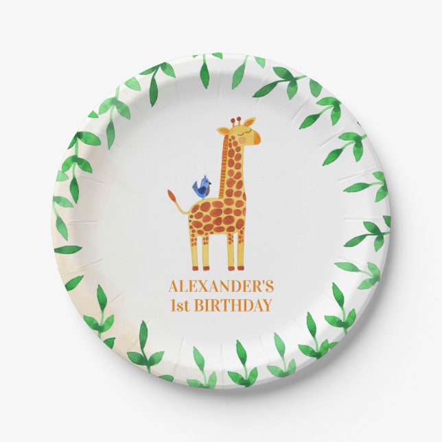 Assiettes En Carton 1er anniversaire mignonne Giraffe & Bird Whimsical (Devant)