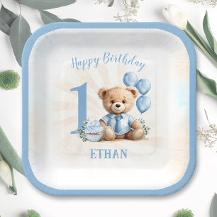 Assiettes En Carton 1er Anniversaire Numéro Ours Bleu Carré Plaques pa