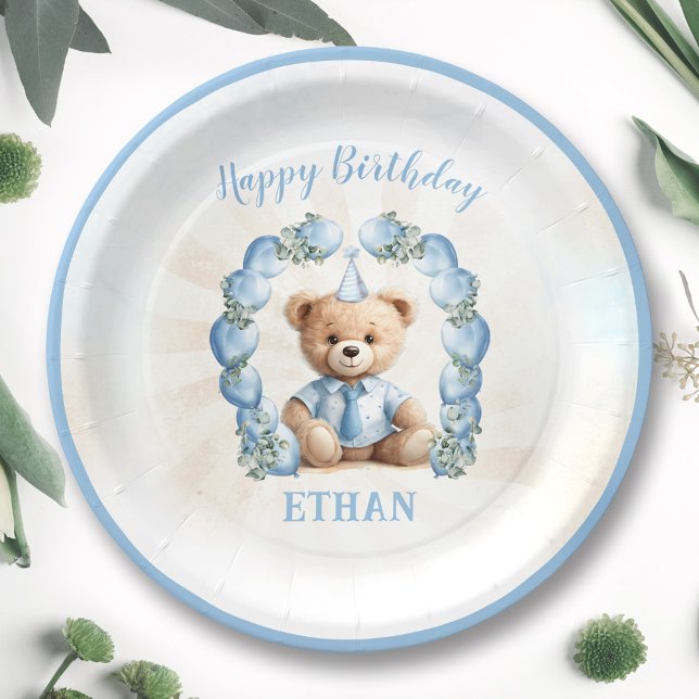 Assiettes En Carton 1er Anniversaire Ours Bleu Balloon Plaques Papier (1st Birthday Bear Blue Balloon Arch Paper Plates)