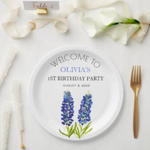 Assiettes En Carton 1ère fête d'anniversaire Bluebonnets Baby Girl