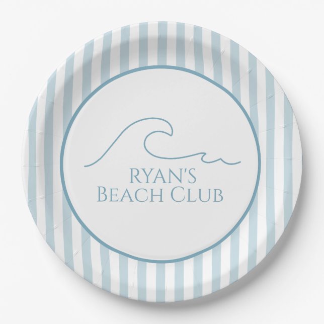 Assiettes En Carton 1ST Birthday Beach Club Nom personnalisé Bleu de l (Devant)