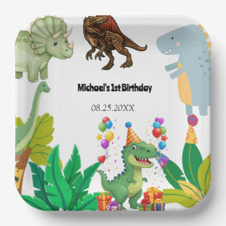 Assiettes En Carton 1st Birthday Dinosaur Minimal baby boy
