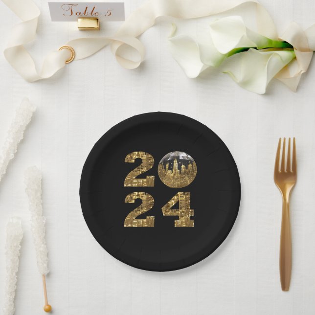 Assiettes En Carton 2024 Soirée du Nouvel An-Ball-NYC Gold- (Mariage)