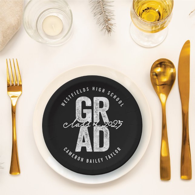 Assiettes En Carton 2025 Bold GRAD Silver Foil Chic Graduation Party (2025 Bold GRAD Silver Faux Foil Chic Graduation Party Paper Plates @ fatfatin)