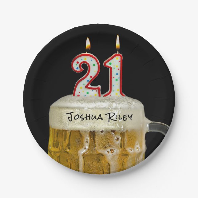 Assiettes En Carton 21e anniversaire bière avec bougie (Devant)