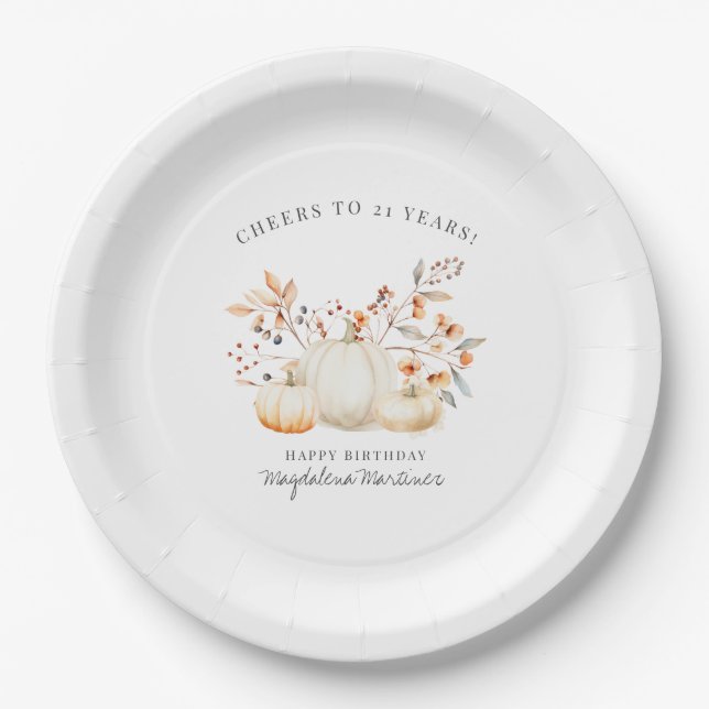 Assiettes En Carton 21e Anniversaire Blanc Citrouille Automne Feuilles (Devant)