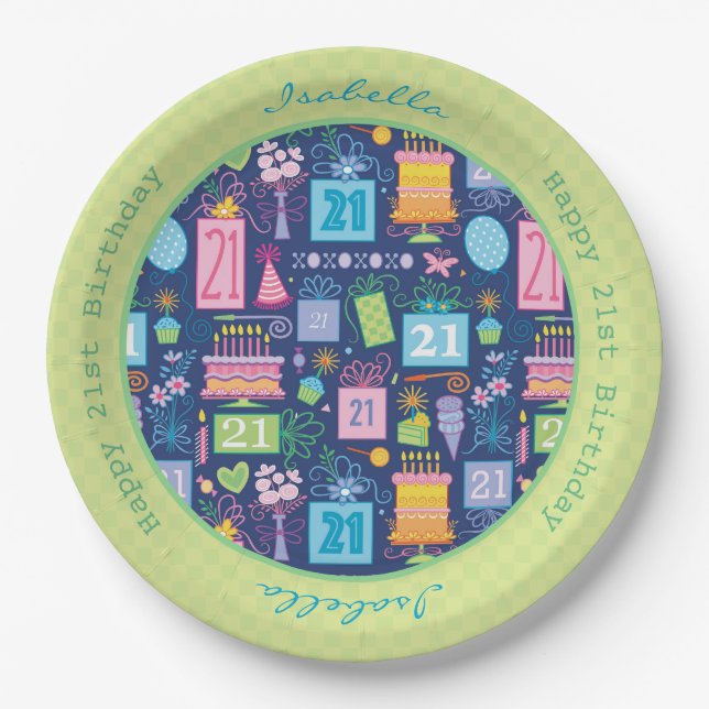 Assiettes En Carton 21e Anniversaire Cake Cupcake Présent Nom personna (Devant)