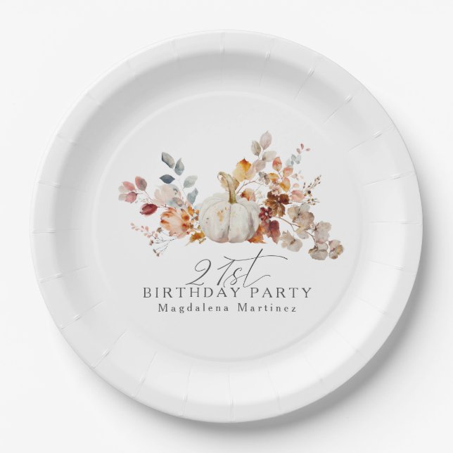 Assiettes En Carton 21e anniversaire Citrouille blanc automne fleurs P (Devant)