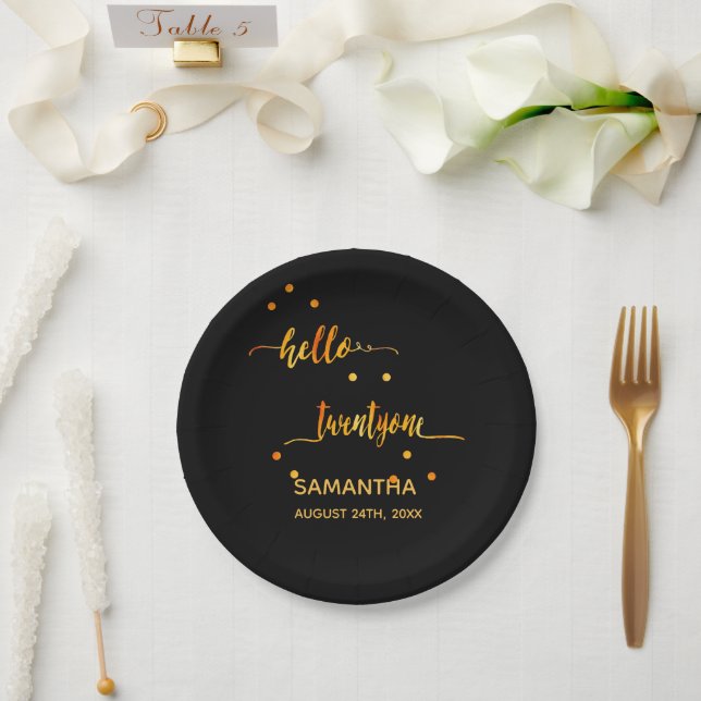 Assiettes En Carton 21e anniversaire noir or hello 21 nom script (Mariage)