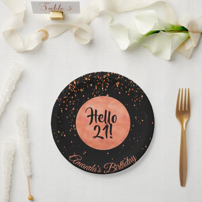 Assiettes En Carton 21e anniversaire noir rose or confetti bonjour 21 (Mariage)