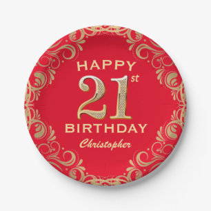 Assiettes En Carton 21e Anniversaire Parties scintillant rouge et or