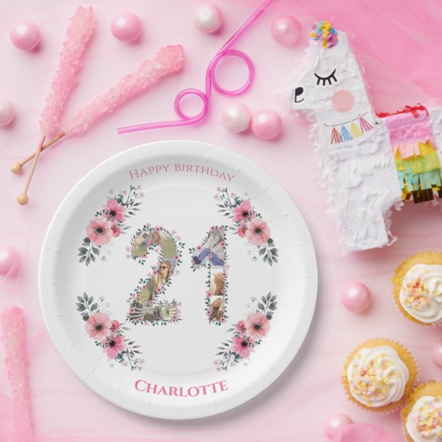 Assiettes En Carton 21e anniversaire Photo Collage Rose Fleur Fille Bl (Fête)
