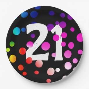 Assiettes En Carton 21e anniversaire - Points arc-en-ciel sur noir